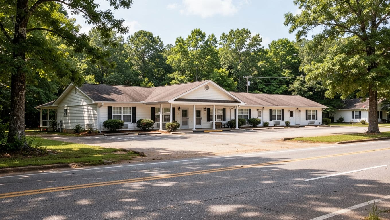 A classic small motel beside a quiet road and green trees.