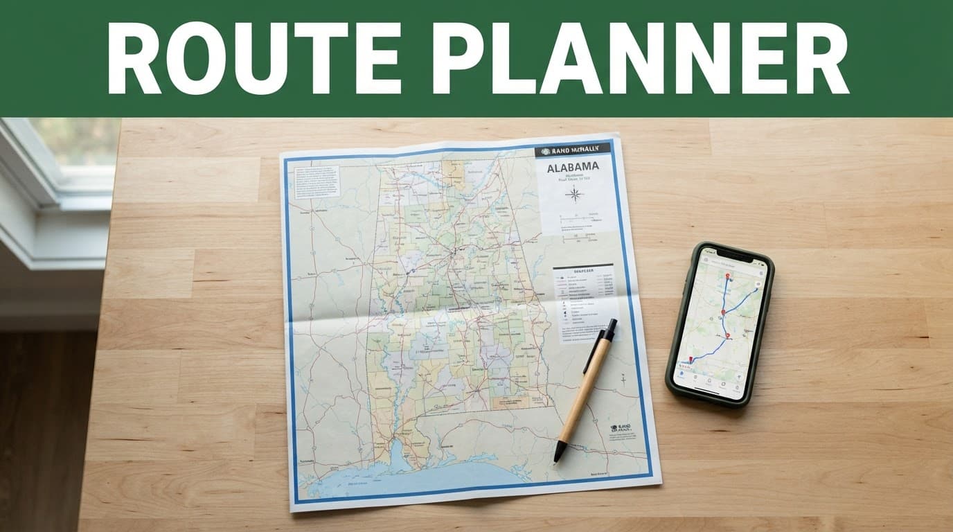 A paper map of Alabama and one smartphone sit beneath a dark-green Route Planner banner.