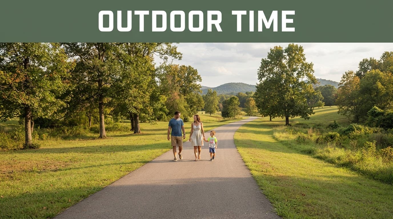 Three people walk along a paved trail beside trees and open grass.