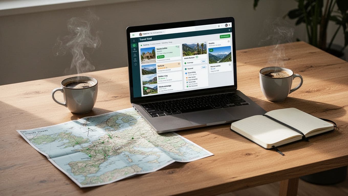 Laptop, notebook, coffee, and an Alabama map on a wooden desk under a Travel Tips banner.
