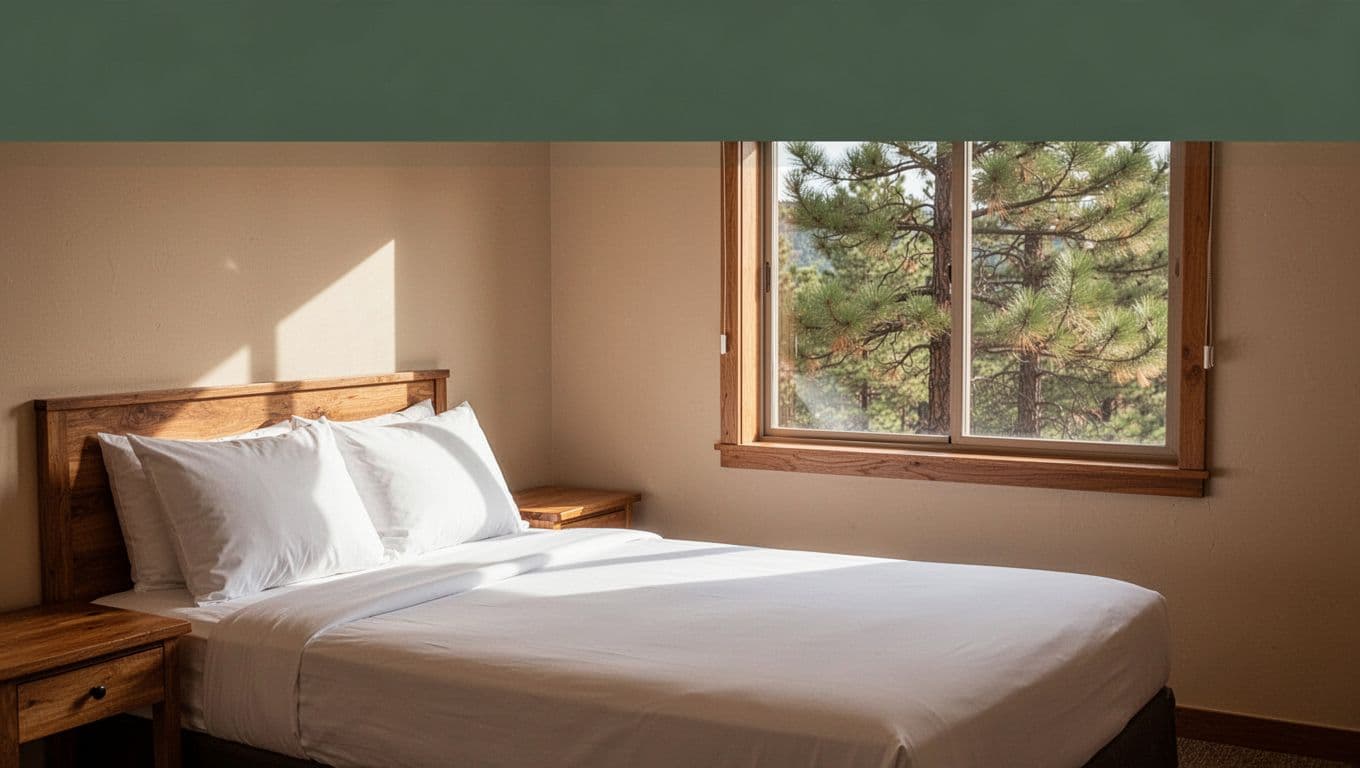 A neat hotel room with a bed, nightstand, and pine trees outside the window.