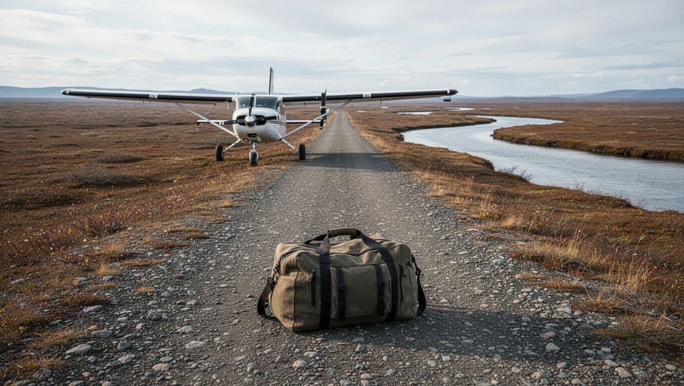 A bush plane sits beside a gravel runway, river, tundra, and a small travel bag.