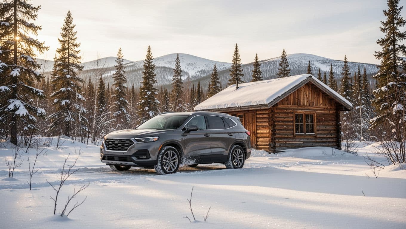 A parked vehicle beside an Alaska cabin under a Budget Travel banner.