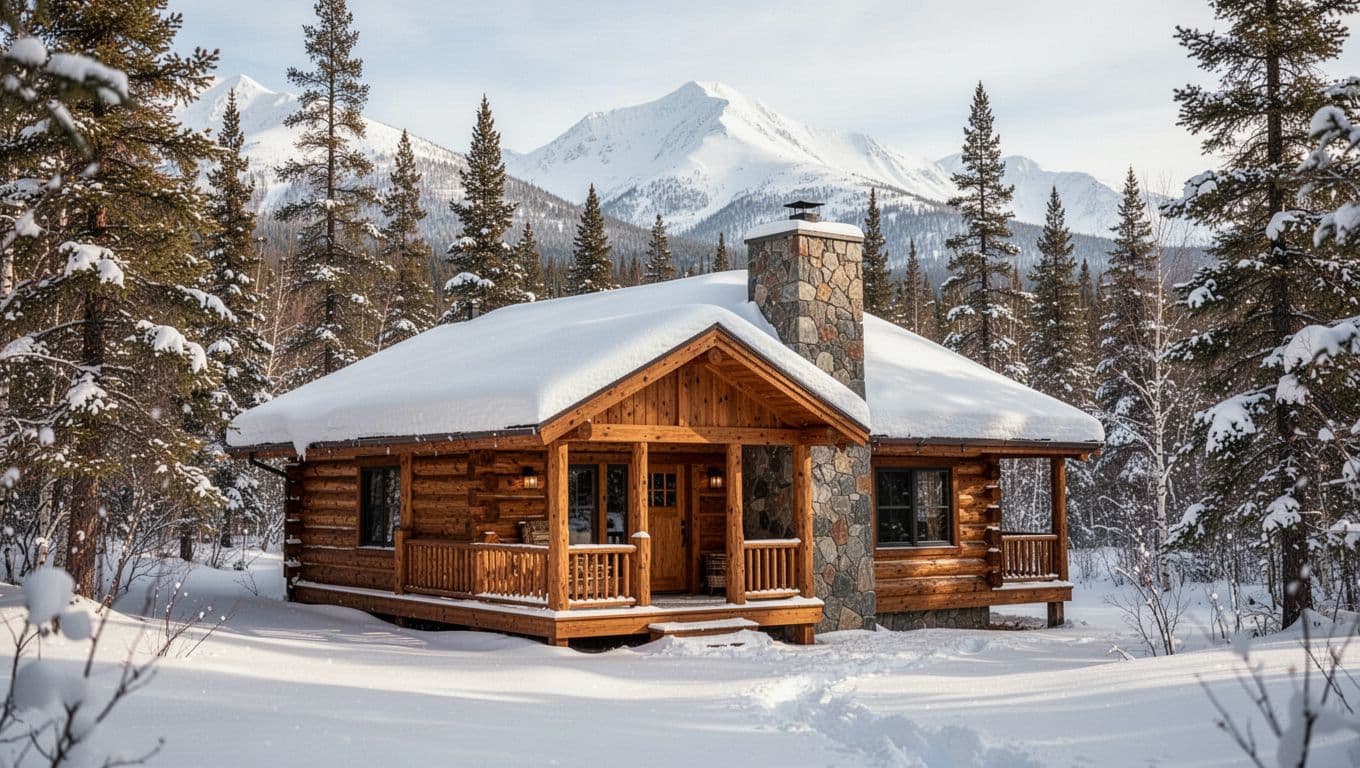 Rustic Alaska cabin with glowing windows and an upper band reading 