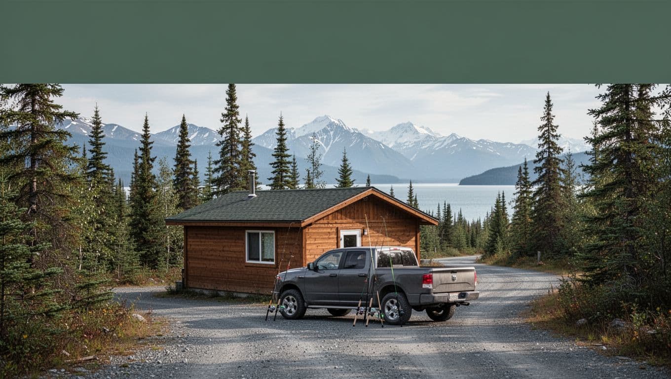 A small fishing cabin, pickup truck, and rods beside a gravel road in Alaska.