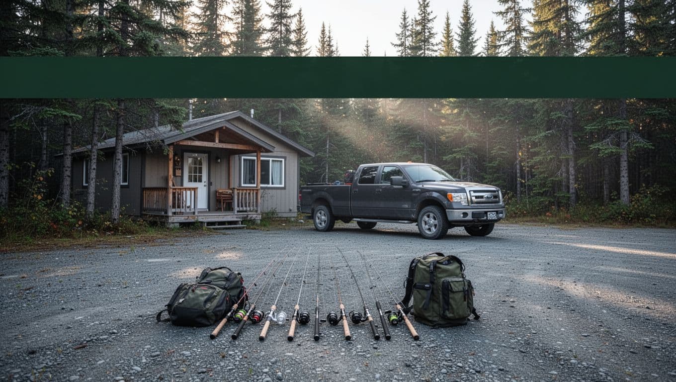 Fishing gear rests beside a cabin porch and pickup truck in an Alaska spruce forest.