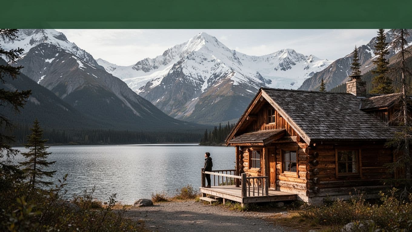 A rustic lodge with mountains, one person, and an 