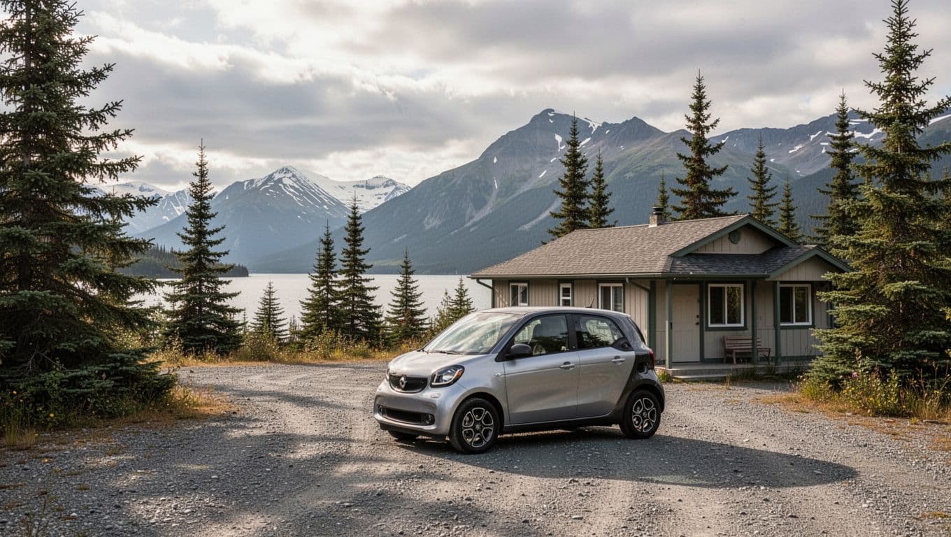 A rental car is parked outside an Alaska lodge with mountains beyond.