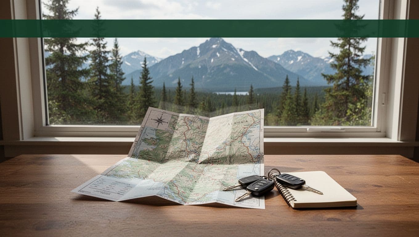 A map, car keys, and notebook sit beside a window overlooking Alaska mountains and spruce trees.