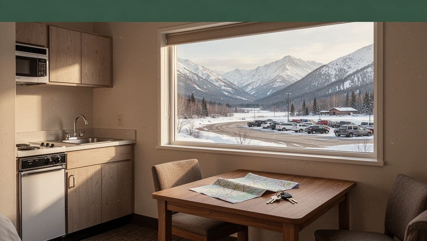 A motel room with a kitchenette, keys, map, parking, and snowy mountains outside.