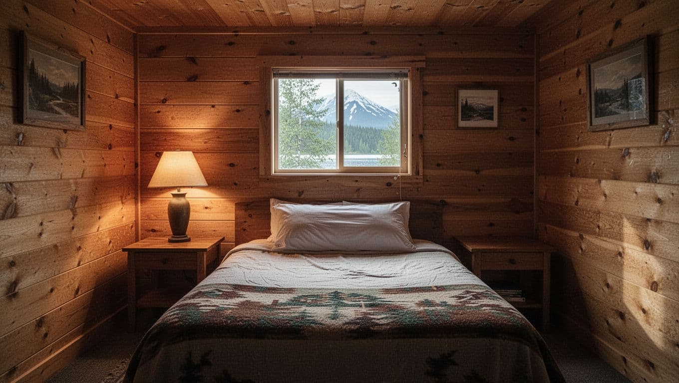 Rustic Alaska motel room with a made bed and green Value Stays banner.
