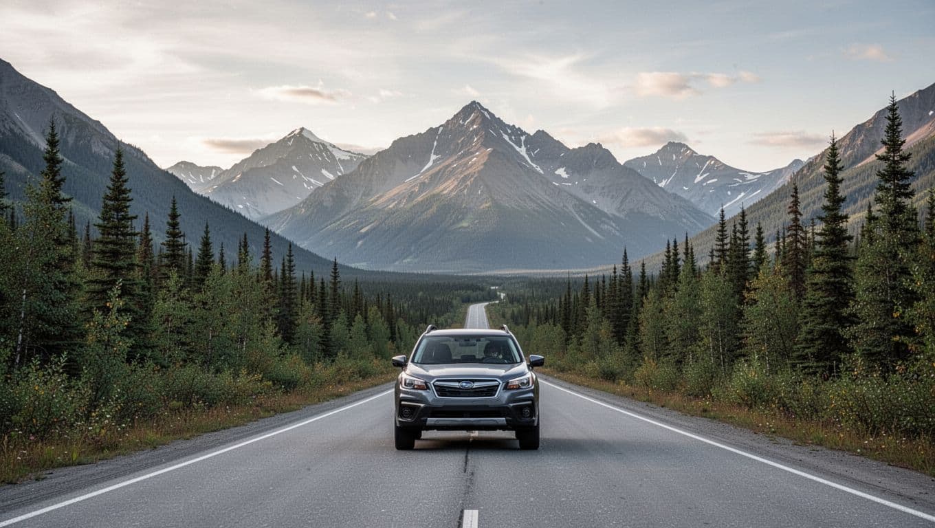 A parked SUV on an Alaska highway with spruce trees, valley, and distant mountains.