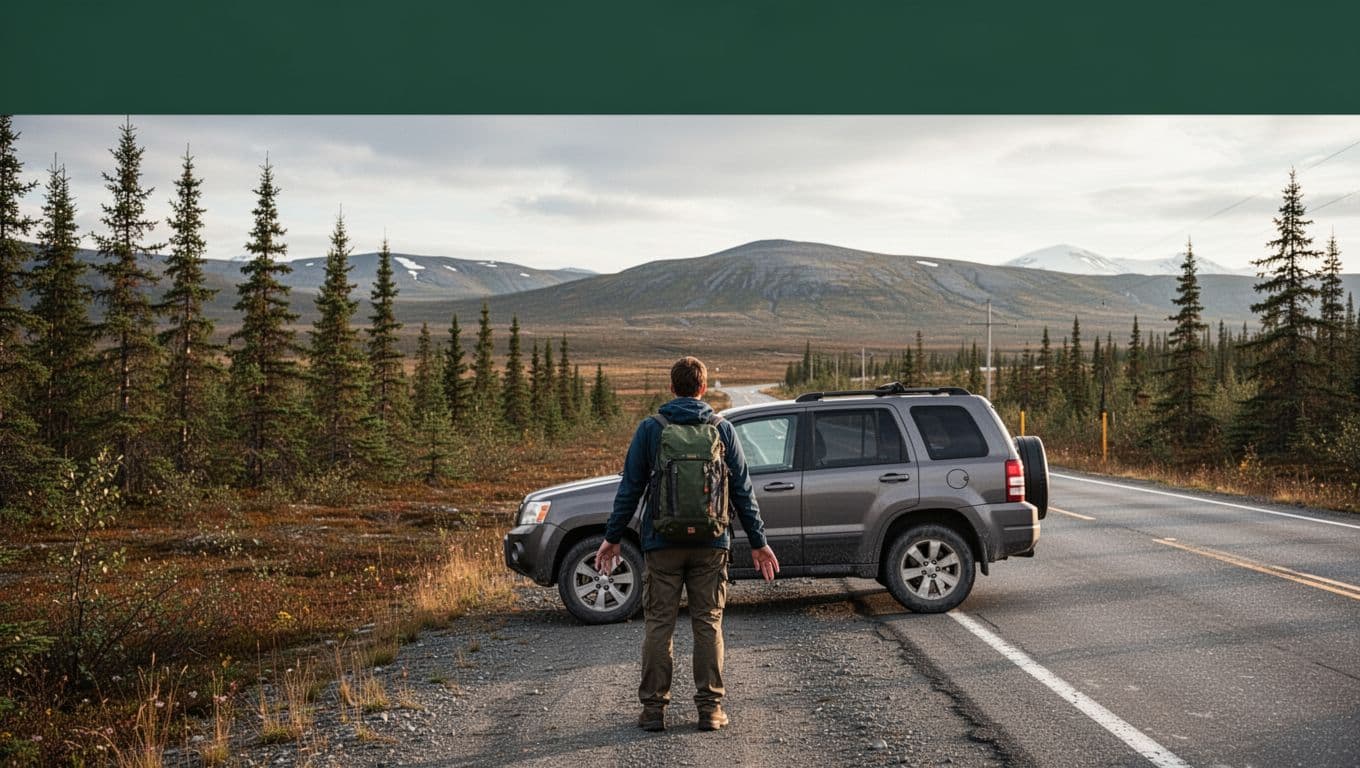 A traveler reviews lodging options beside an SUV on a rural Alaska roadside.