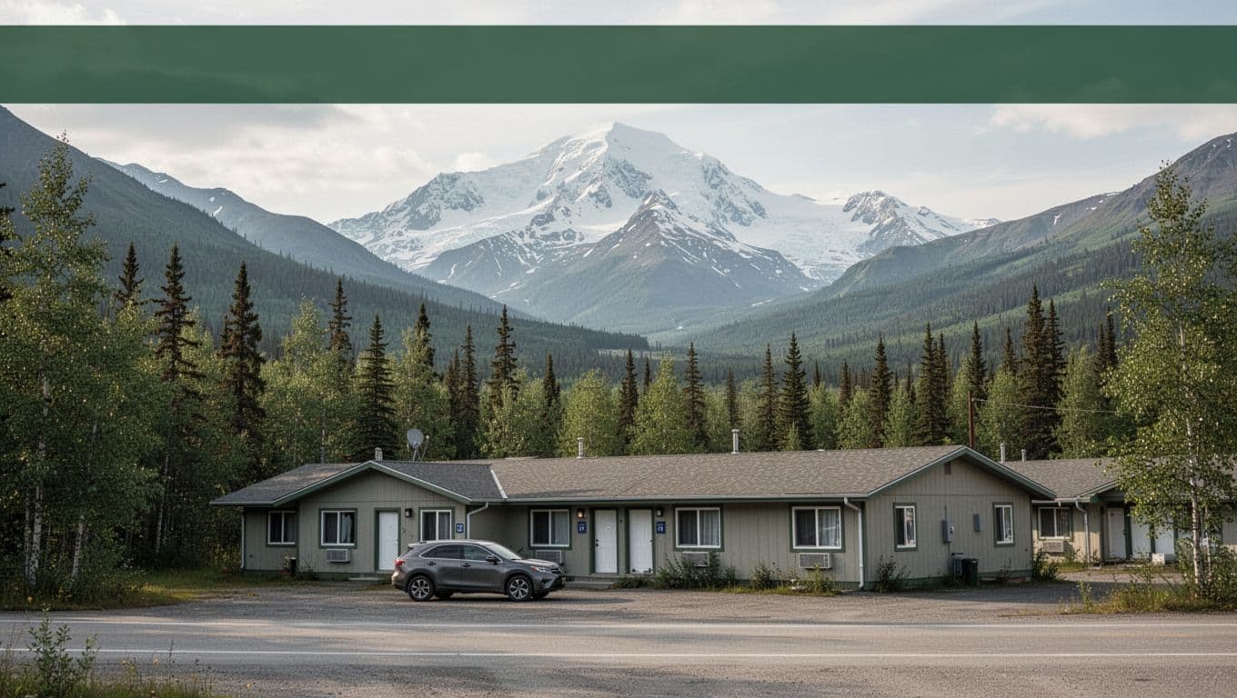 A roadside motel and car sit below mountains near Denali.