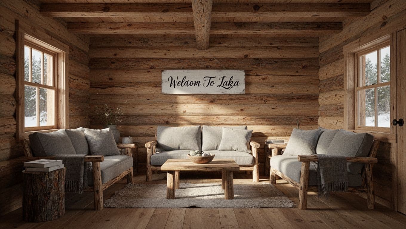 Rustic cabin interior with simple furnishings, warm light, and a dark green Rustic Stays banner.