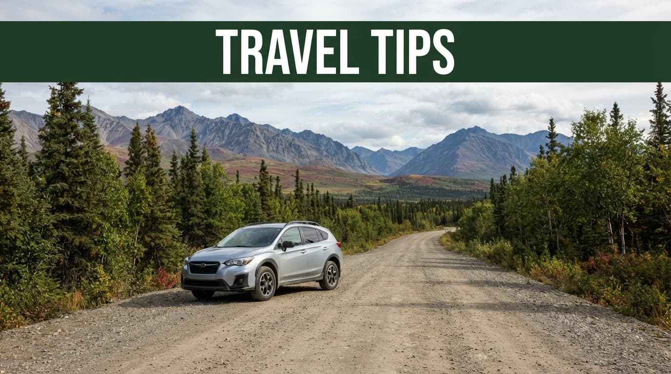 A rental car on a gravel road in Alaska beneath a Travel Tips banner.