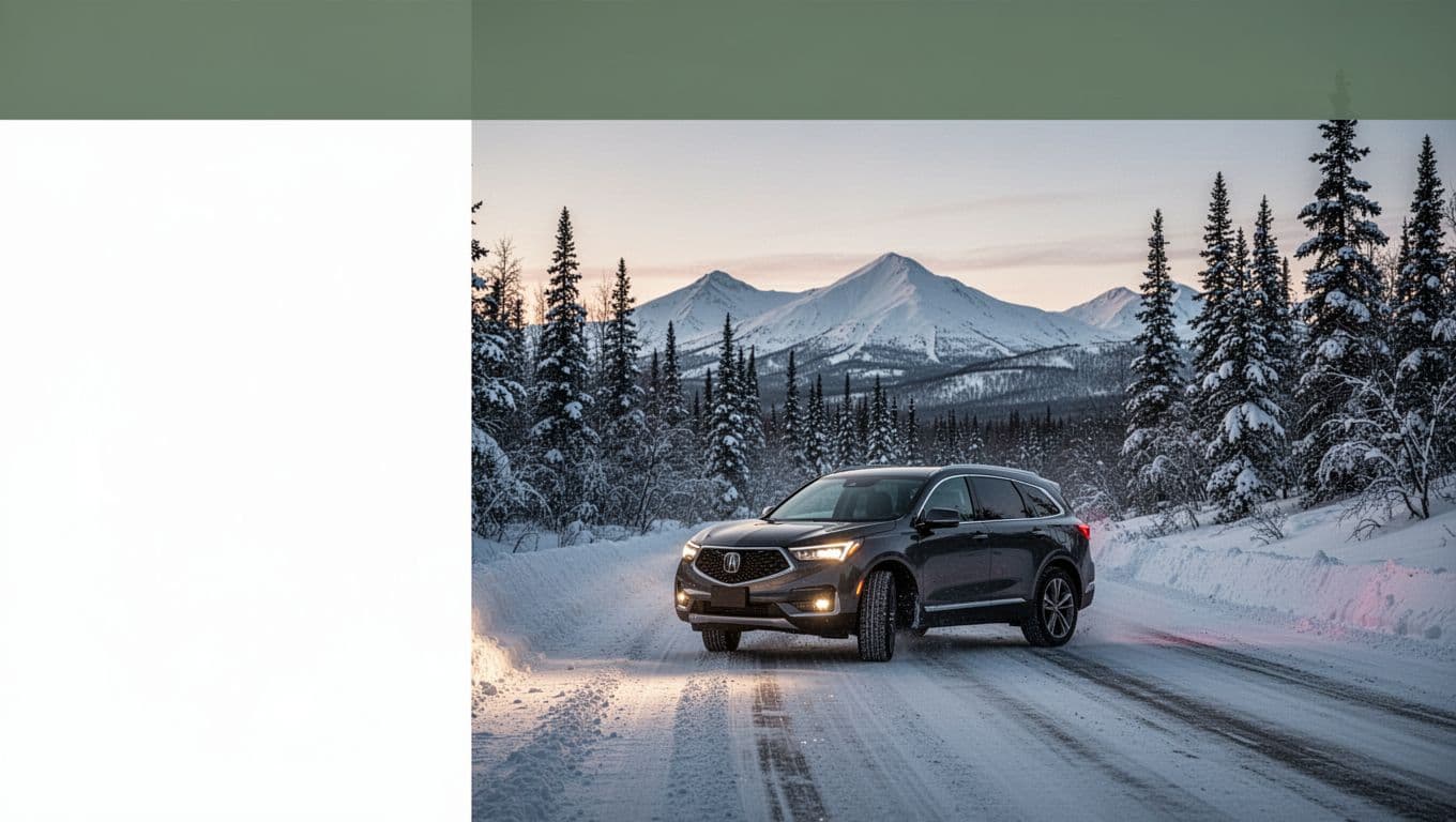 A modern SUV drives along a snowy Alaska highway beneath a green headline band.