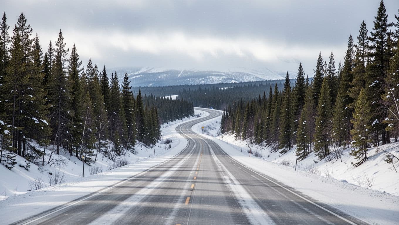 A snowy Alaskan highway winding through pine trees beneath an overcast sky.