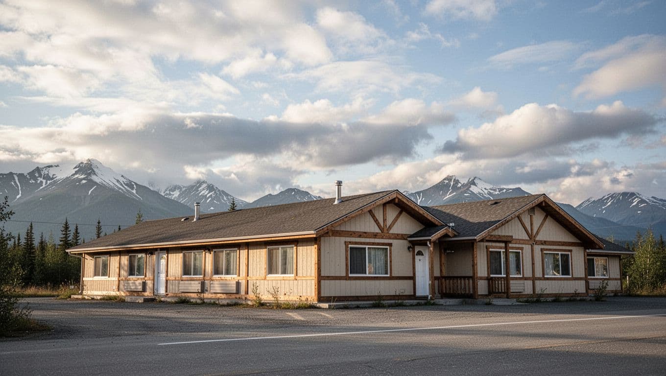 A timber-trimmed roadside motel beneath a wide Alaskan sky with a Budget Stays headline.