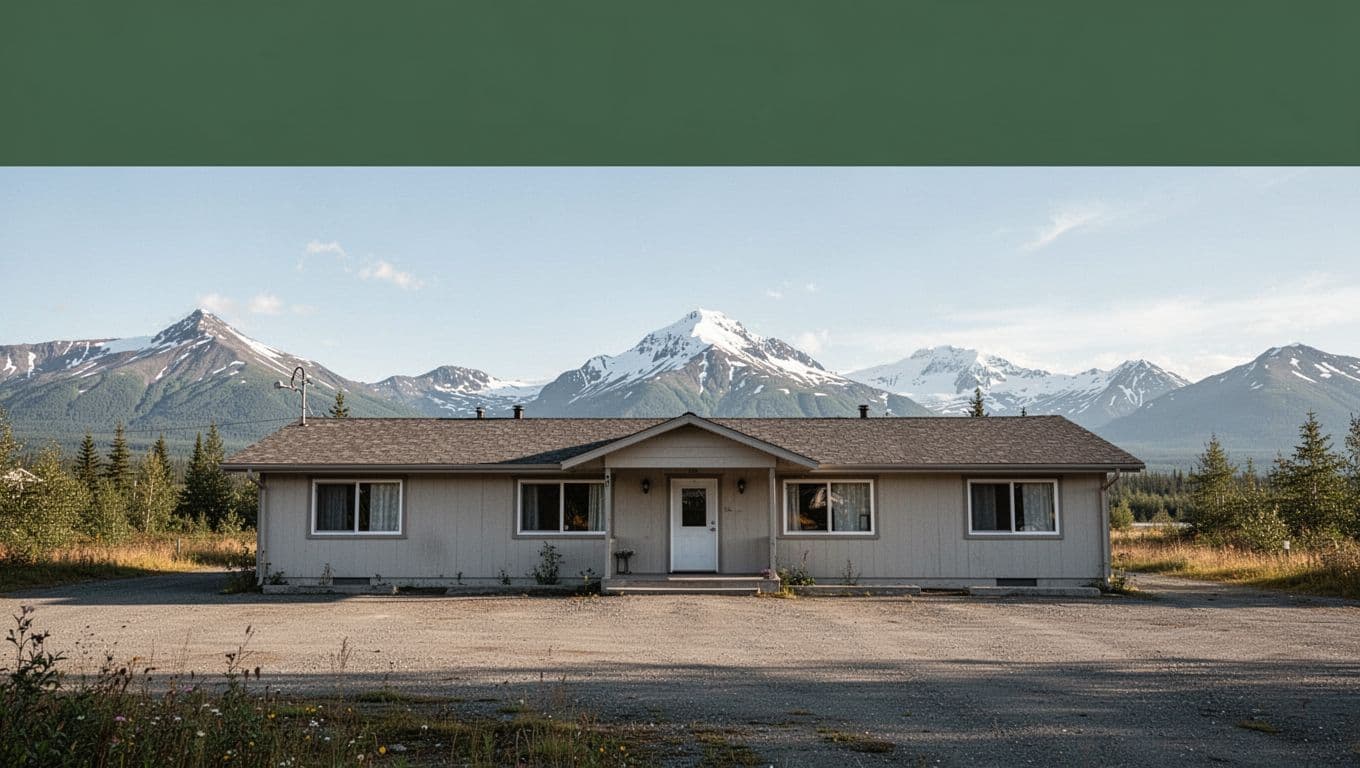 A simple Alaskan motel beneath a clear sky with a green Best Values banner.