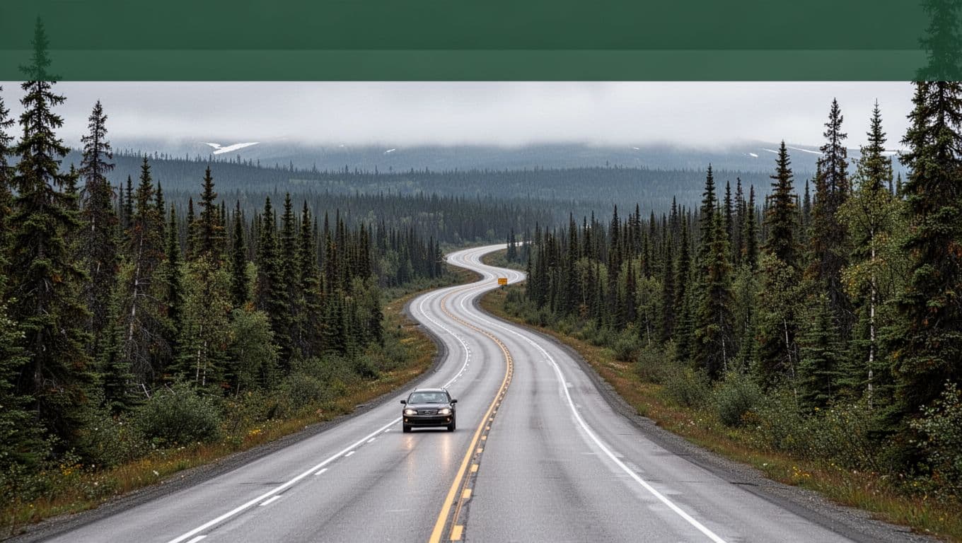 A car travels a winding highway through an overcast Alaskan forest.