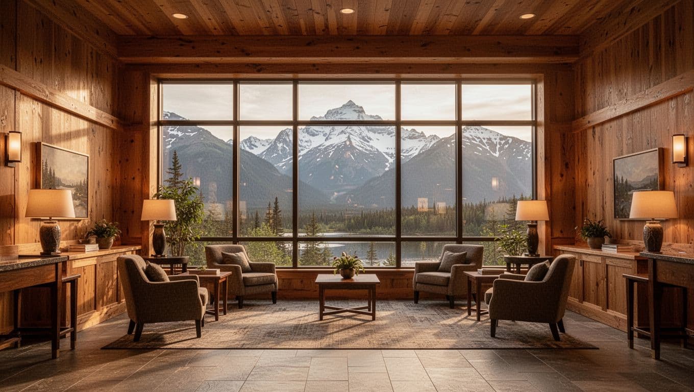 Cozy wood hotel lobby with seating and Alaskan mountains beyond large windows.
