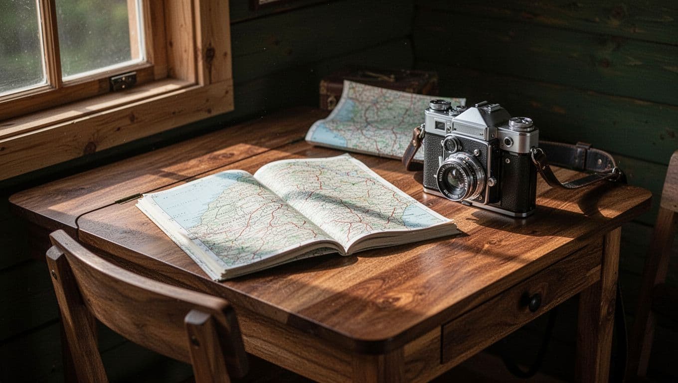 A cabin desk with a map and camera beneath a travel planning banner.