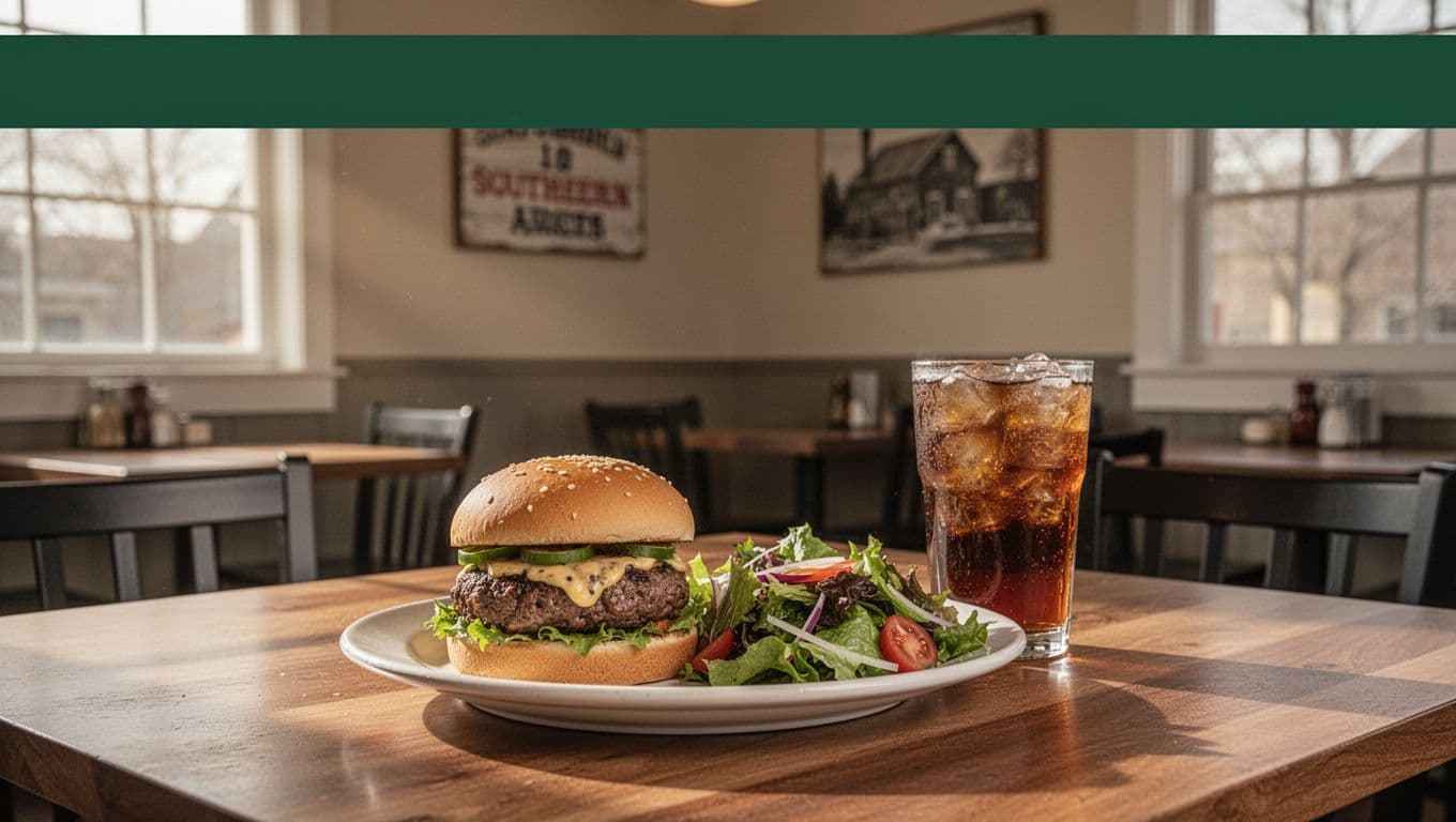 A burger, salad, and iced tea on a wooden table in a Southern restaurant.
