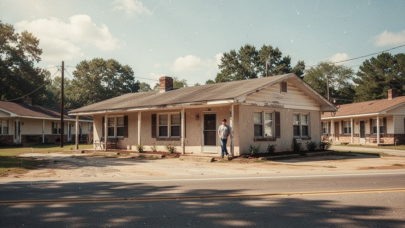 A vintage motel in Albertville with one person and a headline band above it.