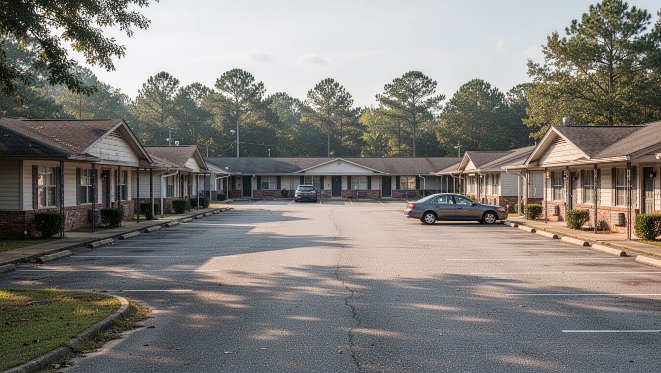 A quiet motel parking lot with one car beneath an Alexander City Motels headline.