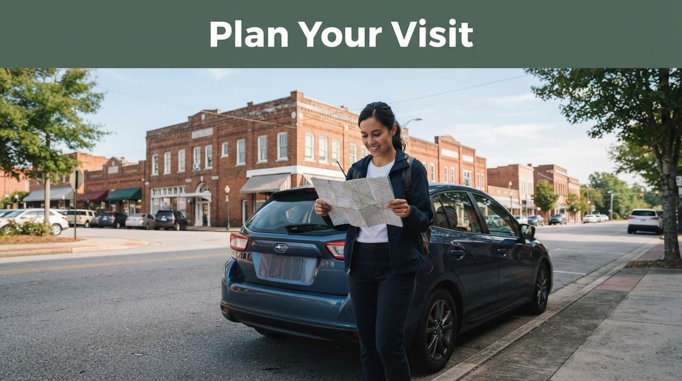 A traveler with a folded map stands beside a parked car in downtown Anniston.