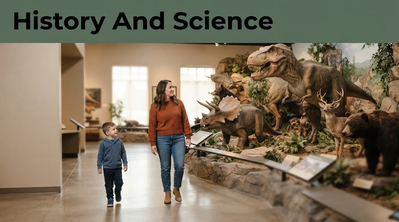 An adult and child walk beside dinosaur and wildlife displays in a museum.