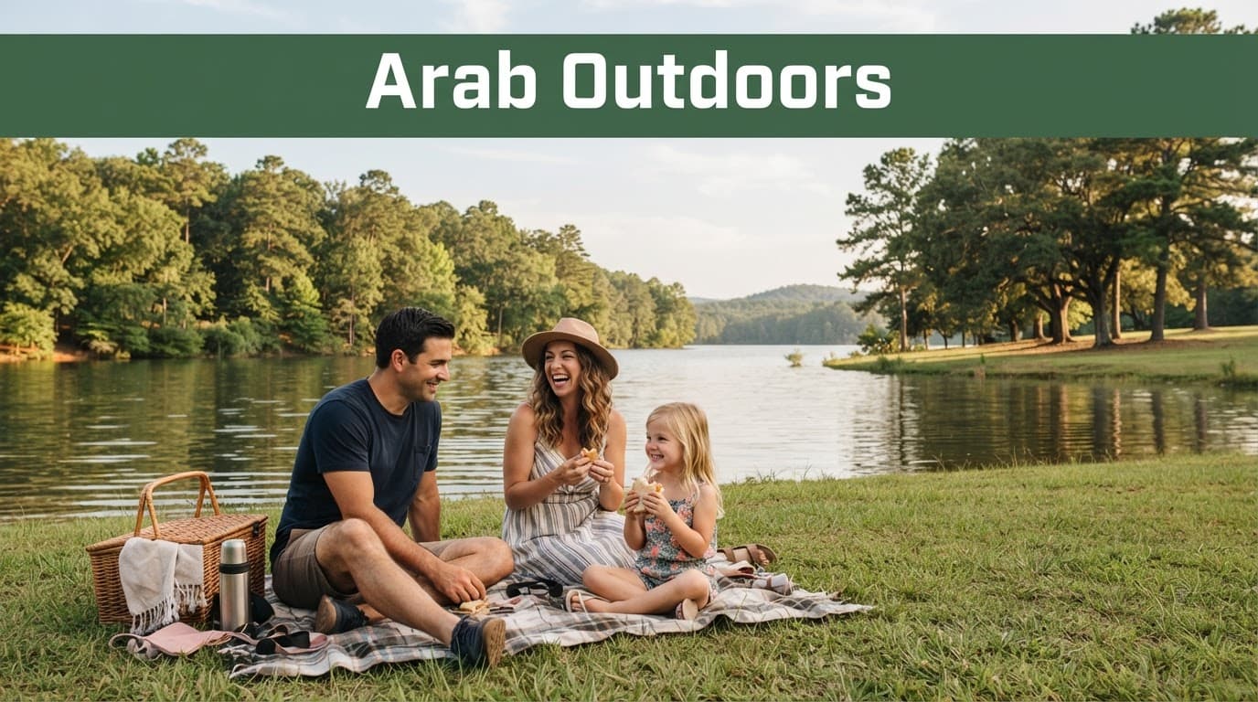 Two adults and a child relaxing beside a calm lake in a grassy park.