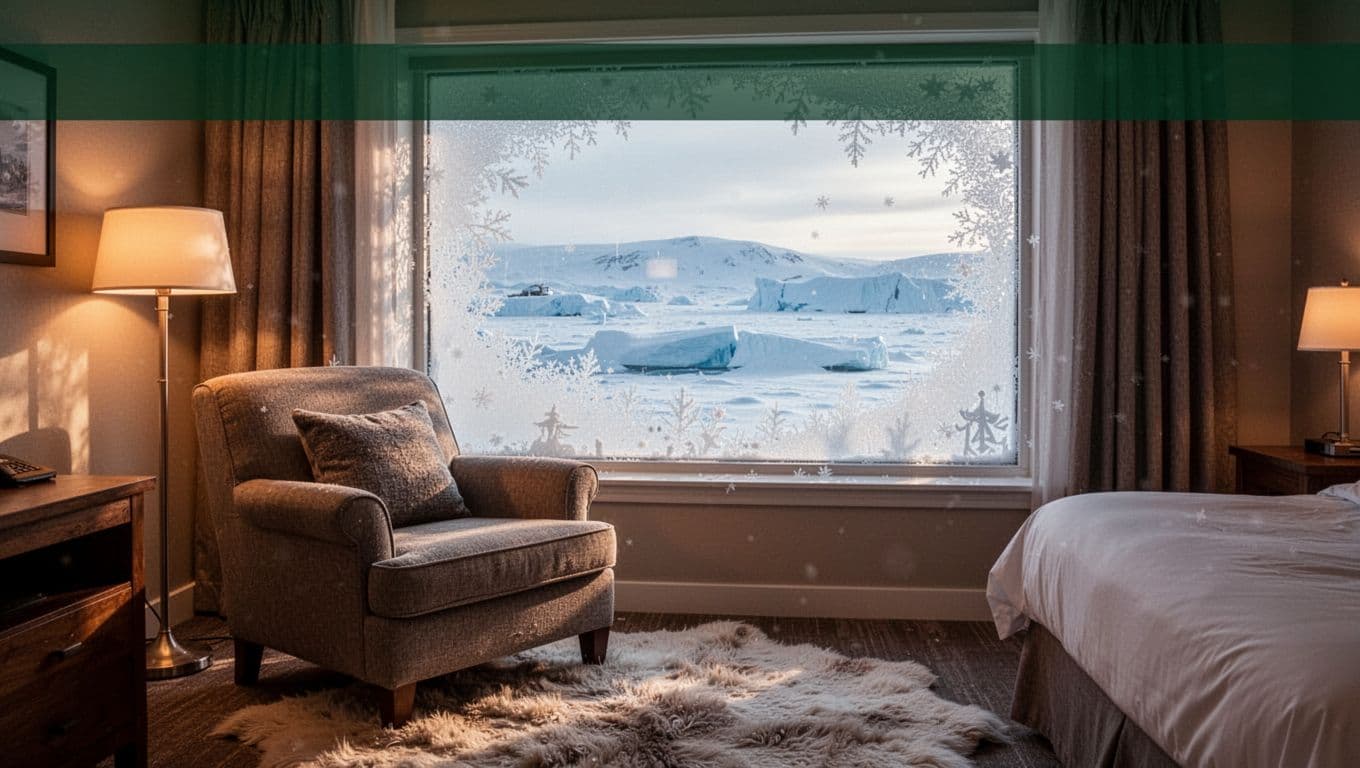 A cozy hotel room overlooks a frost-covered Arctic window.