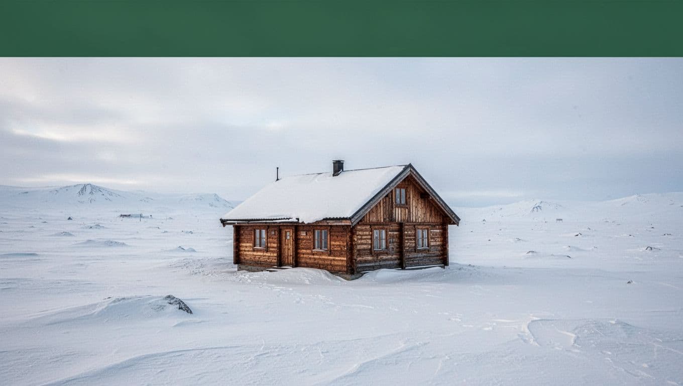 A simple lodge in a snowy Arctic landscape with an Arctic Stay banner above.