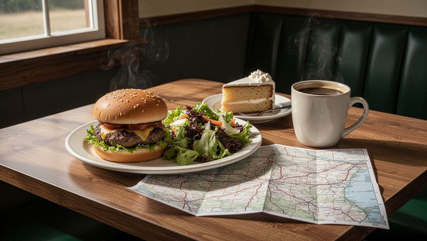 Burger, salad, cake, coffee, and a folded map on a wooden cafe table.