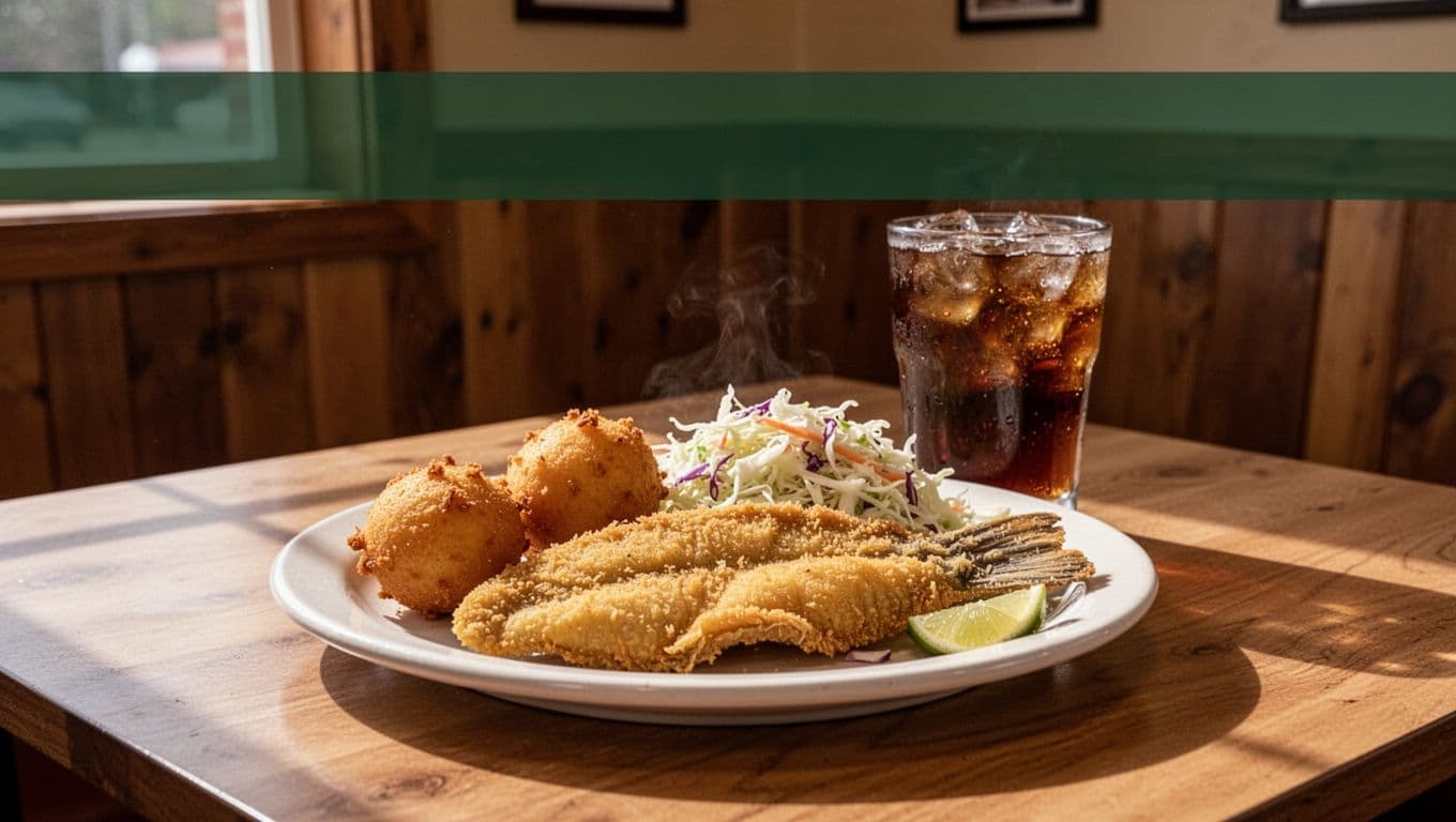 Fried catfish, hush puppies, coleslaw, and iced tea on a wooden table.