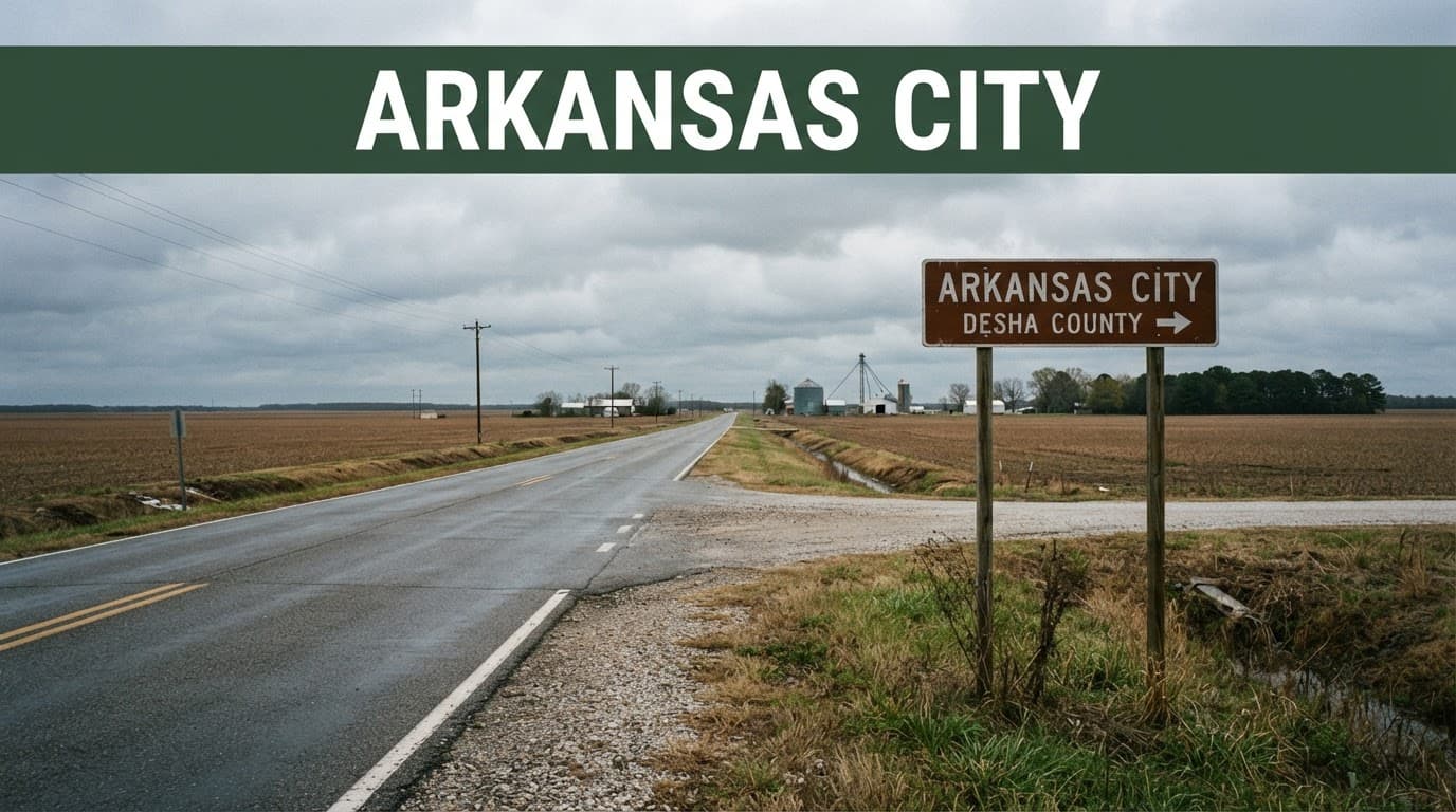 Arkansas City road sign at a quiet rural crossroads beneath cloudy skies.