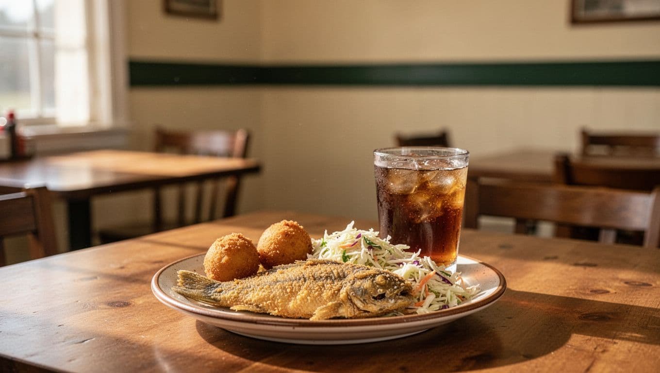 Fried catfish, hushpuppies, coleslaw, and iced tea on a wooden table.