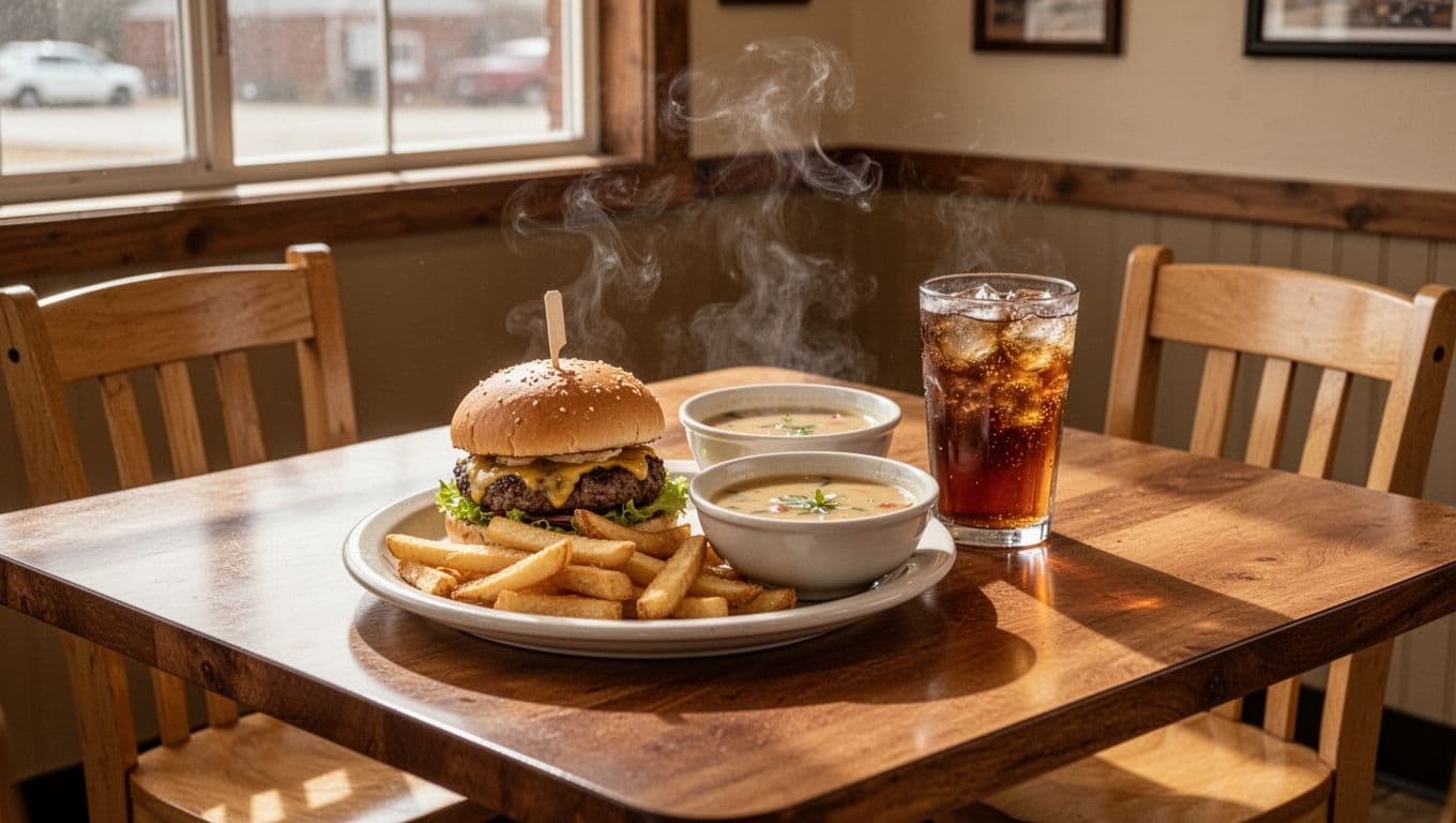 Burger, fries, soup, and iced tea fill a warm restaurant table.