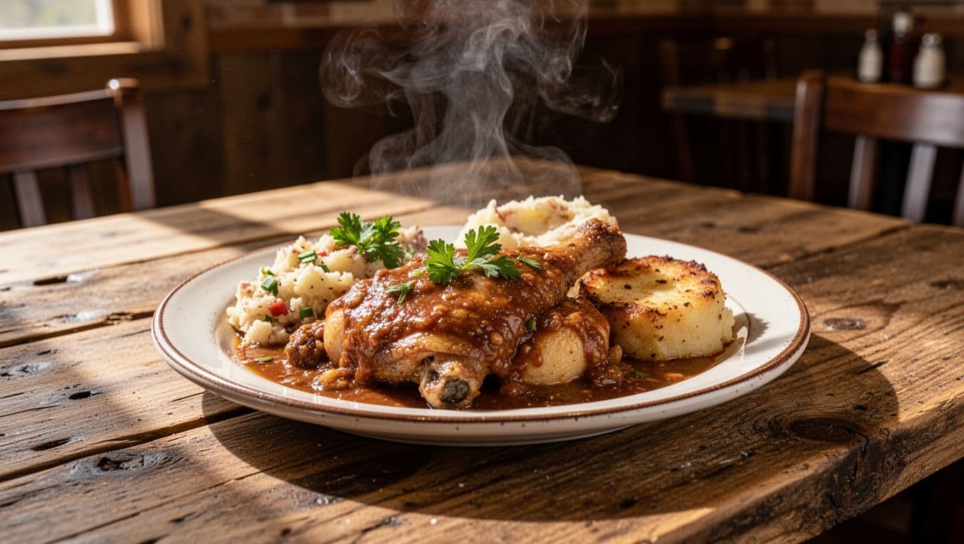A plate of Southern comfort food on a wooden table in an Arkansas restaurant.