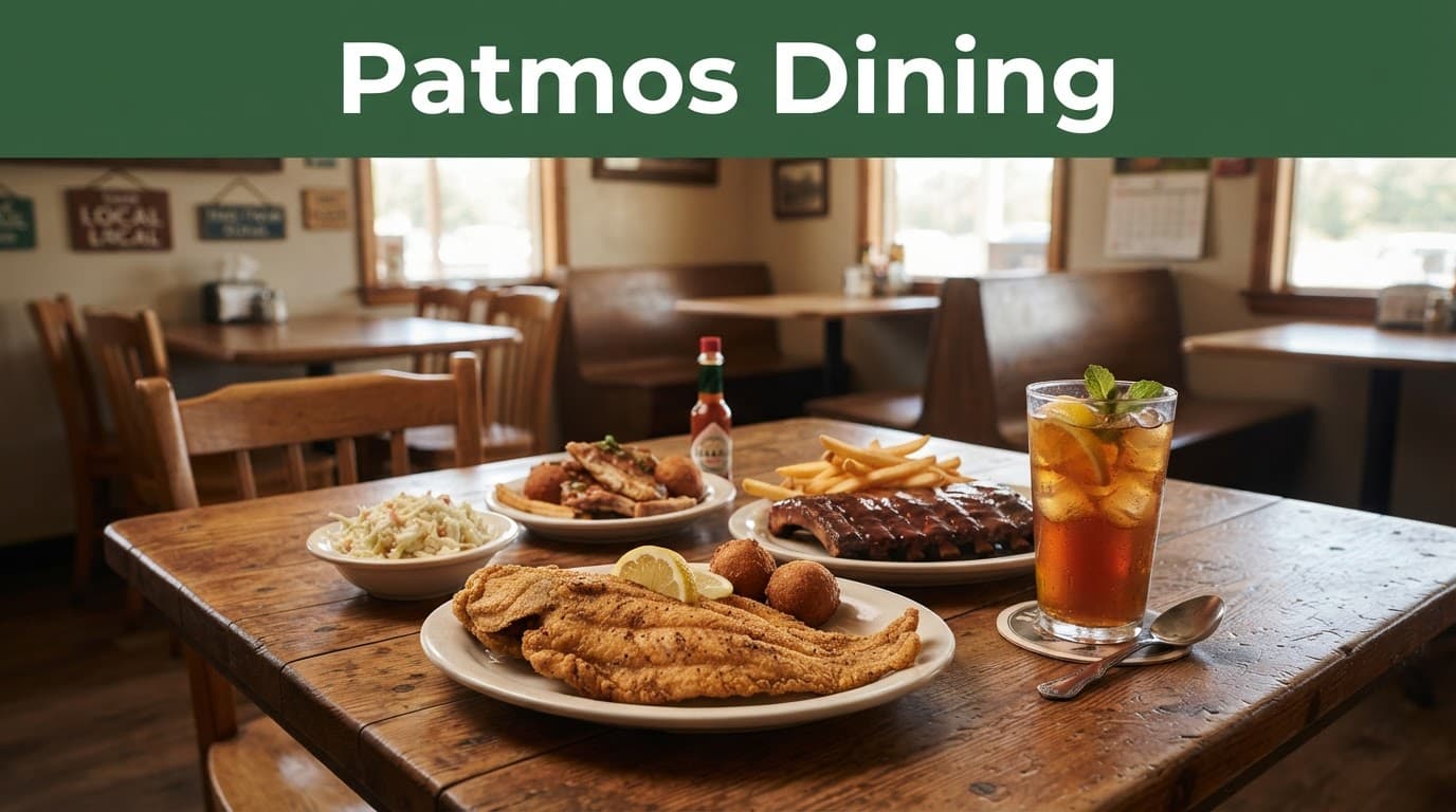 Grilled catfish, barbecue, fries, coleslaw, and iced tea fill a wooden table.