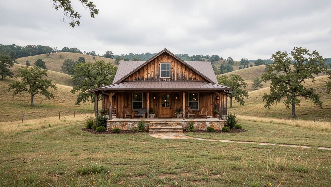 A country cafe stands in rolling Arkansas hills beneath an overcast sky.