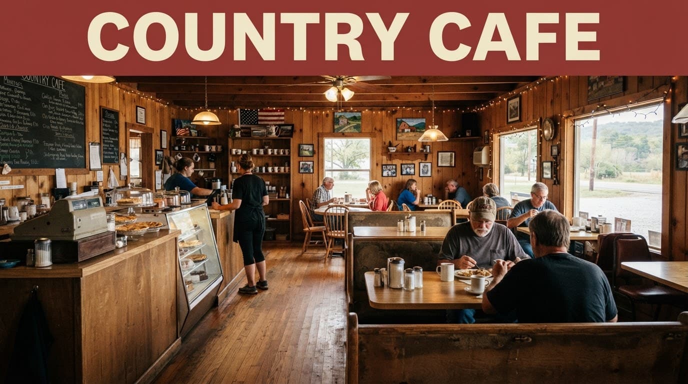 Cozy rural cafe interior with wood tables, vintage decor, and a Country Cafe headline.