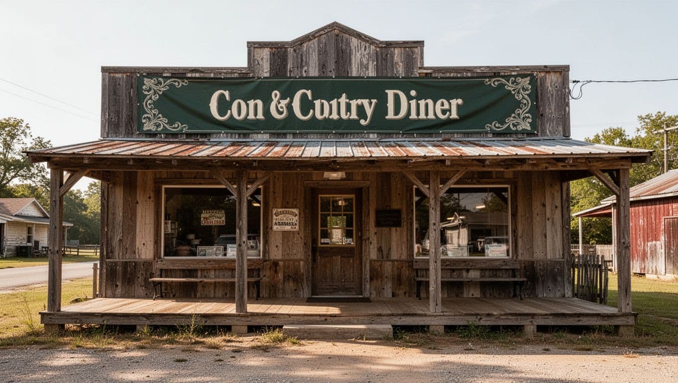 Sunny rural diner storefront with a wooden porch and Country Cafe sign.
