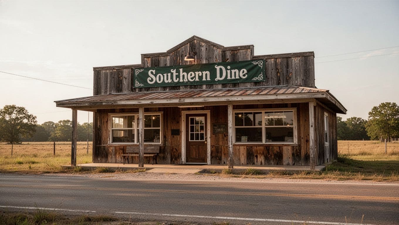 A rustic Arkansas diner with wood siding, warm lights, and a Local Dining sign.