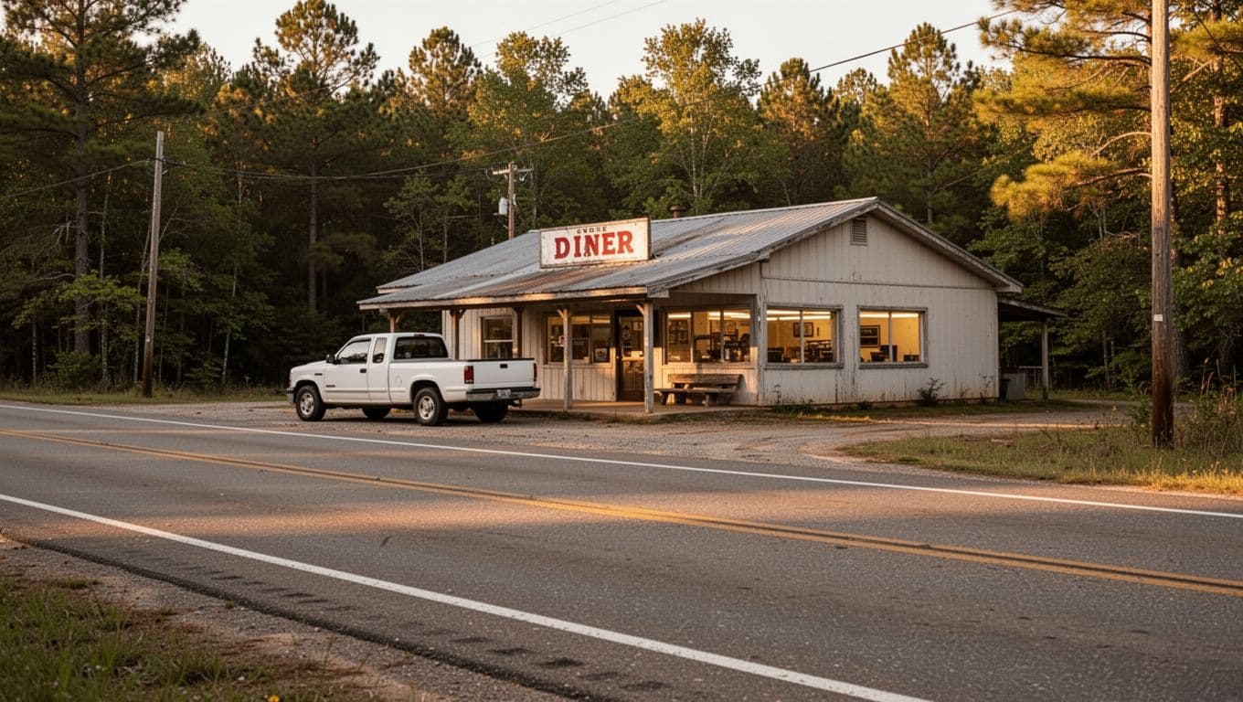 A white pickup parked outside a rural Arkansas store beside a two-lane highway.