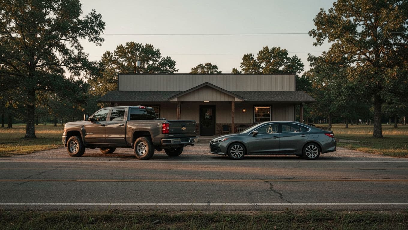 A pickup and sedan parked outside a small rural restaurant in warm afternoon light.