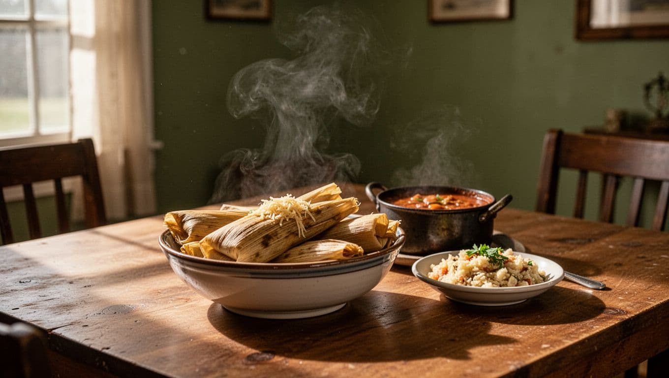 Tamales, chili, and a side dish sit on a table in a warm dining room.