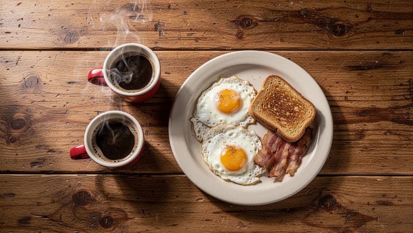 Coffee and a breakfast plate sit on a rustic table beneath a Local Dining Guide banner.